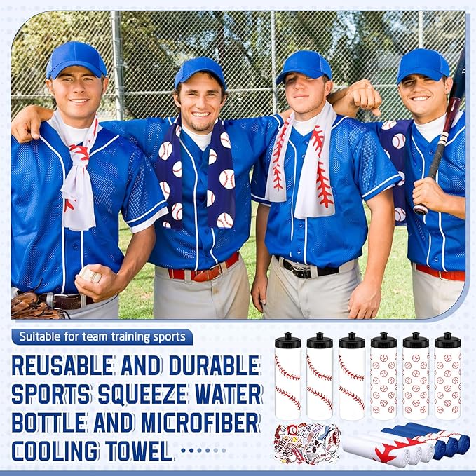 24 Pcs Baseball Water Bottle Baseball Cooling Towel Set with 50 Sticker Sports Party Favors Include 6 Reusable Sports Squeeze Water Bottle 6 Ice Towel Breathable Fast Drying for Team Gifts