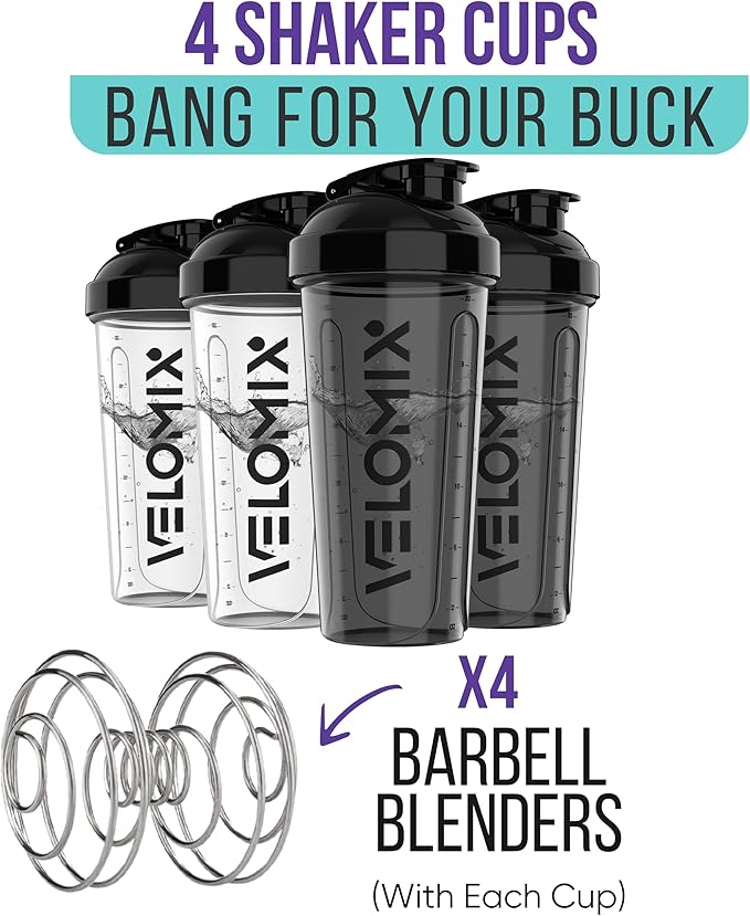 -4 PACK- 28 oz Protein Shaker Bottle for Protein Mixes - 4x Wire Whisk | Leak Proof Shaker Cups for Protein Shakes | Protein Shaker Bottle Pack | Protein Shake Cup (Clear Set)