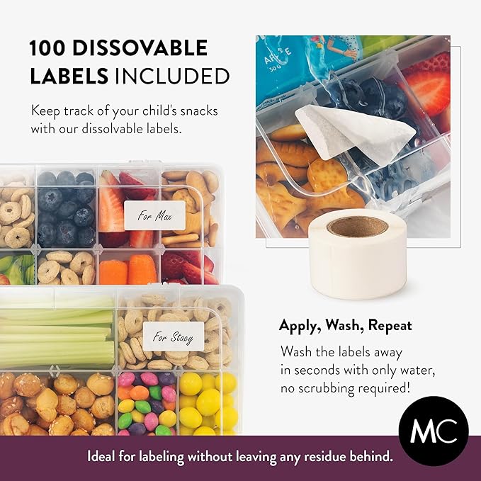 Large Kids Snack Box Containers Set of 2 -100 Labels, BPA-Free, Adjustable Compartments, Dishwasher Safe, Reusable Tray, Food Grade, Meal Prep Container, PARENT TESTED PARENT APPROVED AWARD (Clear)