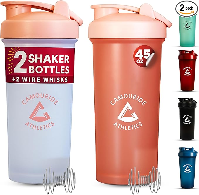 2 Pack 45 oz Protein Shaker Bottles with Wire Whisk – BPA-Free, Leak-Proof Shaker Cups for Protein Shakes & Smoothies – Large Plastic Mixer Bottle – Classic White & Bec Pink