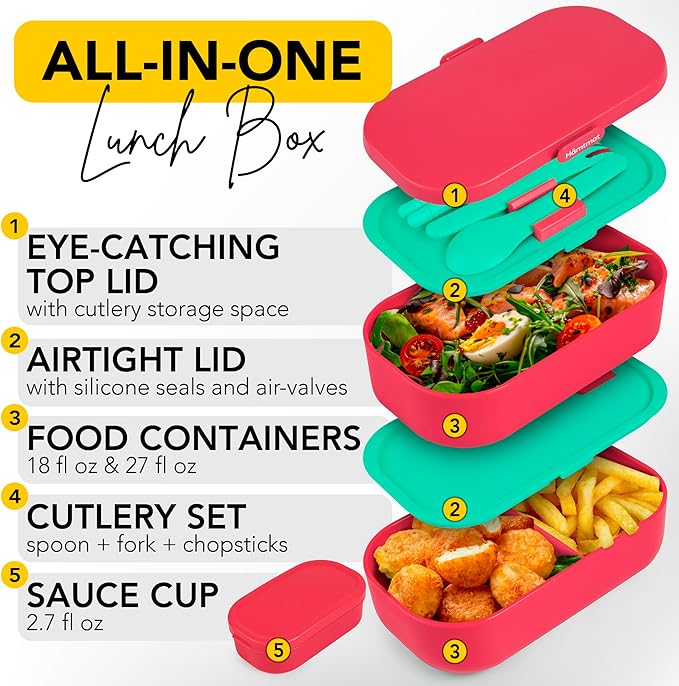 Insulated Stackable Bento Box for Adults with Reusable Chopsticks Japanese Lunch Box Microwavable & Leak Proof Lunch Containers for Men & Women Modern Cute Food Container with Compartments (Red)