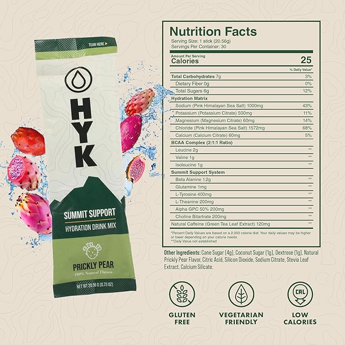 HYK Electrolyte Drink Mix | Endurance Fuel for Runners, Ultra & Trail Athletes | Energy, Focus, Hydration + Recovery All-in-One Easy Open Stick Pack | Prickly Pear Flavor, 30 Count