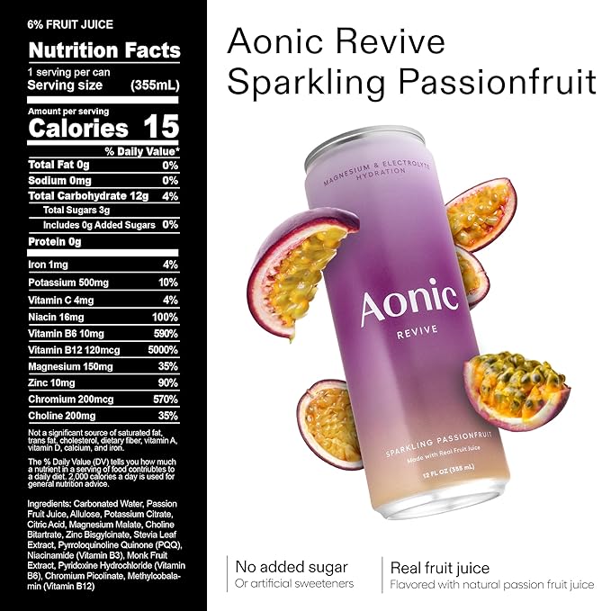 Aonic Revive Sparkling Passionfruit – Electrolyte Hydration with Magnesium + Potassium, Delicious Taste, Real Fruit Juice, 12oz (12 Pack)