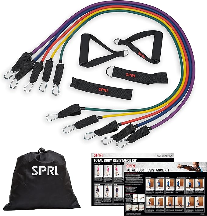 SPRI Resistance Band Kit - Resistance Training Interchangeable Tubes for Full Body Toning - Includes 5 Exercise Bands, Ankle/Wrist Strap with Padded Handles, Door Anchor, Exercise Guide, Carry Bag