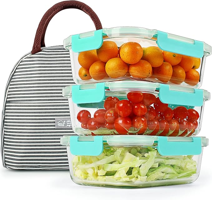 DAS TRUST 3 Pack Glass Food Storage Containers Reusable Meal Prep Containers Reusable Fridge Organizers Lunch Container for Adults Food Storage Containers with Lid Airtight Pizza Storage Salad