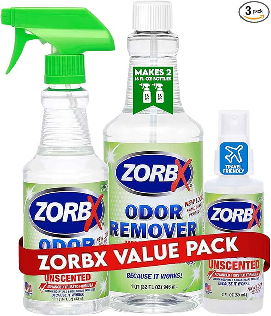 ZORBX Unscented Multipurpose Odor Eliminator 3 items Bundle: 2 Oz + 16 Oz + 32 Oz - Used in Hospitals & Healthcare Facilities - Advanced Trusted Formula - Perfect Bundle to Get Rid of Unpleasant Odors