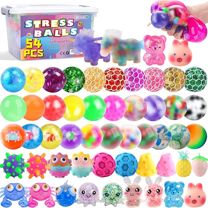 54 Pack Stress Balls, Squishy Balls, Squeeze Balls for Adults, Stress Relief Balls, Prize Box Stuffers, Party Favors