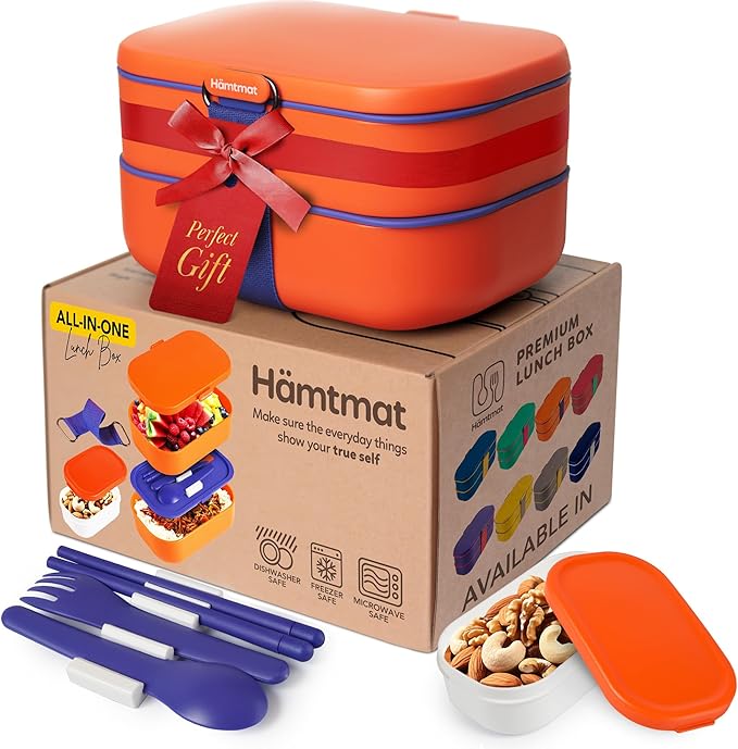 Insulated Stackable Bento Box for Adults with Reusable Chopsticks Japanese Lunch Box Microwavable & Leak Proof Lunch Containers for Men & Women Modern Cute Food Container with Compartments (Orange)