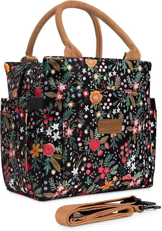 Joymee Lunch Bag Women, Leakproof Insulated Floral Lunch Box with Adjustable Shoulder Strap Large Reusable Adult Lunch Box Lunch Tote Lunch Bag with Water Bottle Holder and Side Pockets-Multi-Floral