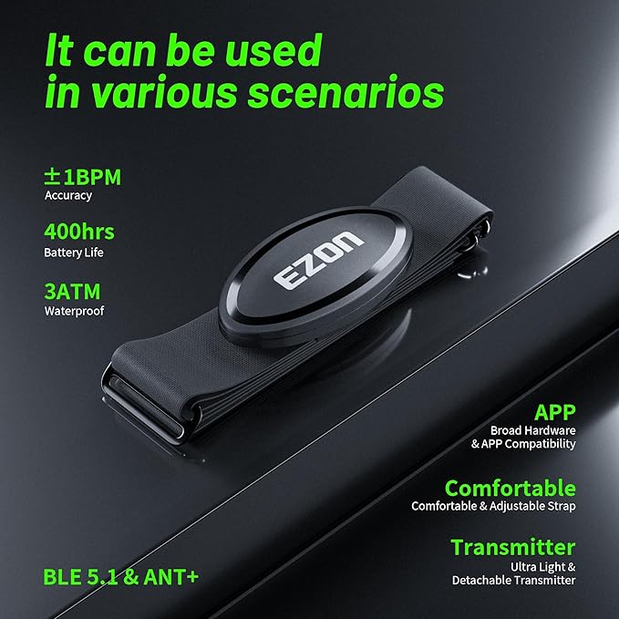 EZON Heart Rate Monitor Chest Strap, Bluetooth 5.1 & ANT+ Sensor, 3ATM Waterproof, Compatible with Garmin, Wahoo, Polar, Strava for Running, Cycling, Workout(C009 Pro)