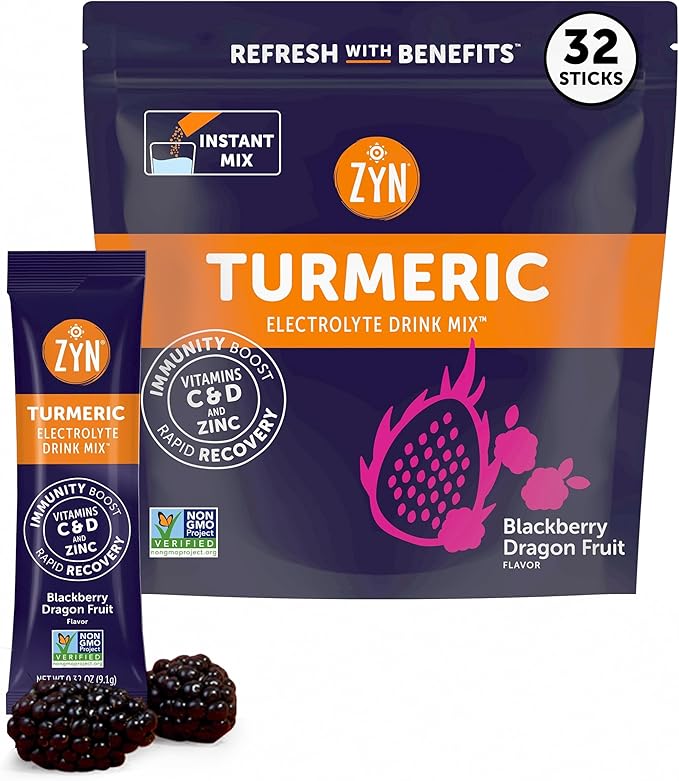 ZYN Electrolyte Drink Mix Hydration Packets, BlackBerry Dragonfruit Electrolytes Powder, Hydration Packets w/Turmeric Curcumin, Vitamin C & D, Zinc, Hydrate & Recover Electrolyte Powder, Pack of 32