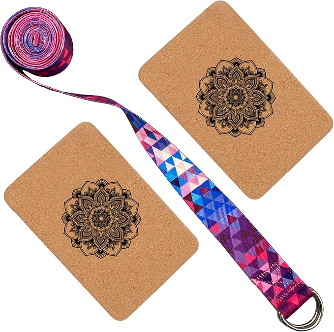 Aozora Cork Yoga Block Sustainable & Eco Friendly 2 Pack and Yoga Strap Set Made of The Finest Natural Cork for Better Support, Balance & Comfort