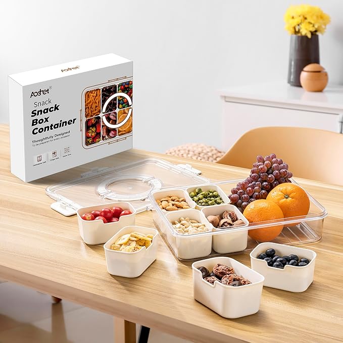 Snack Box Container, Dishwasher Safe Fruit Storage Containers, Divided Serving Tray with Lid for Veggie, Candy and Nuts, Snackle Charcuterie Boxes for Kids, Adults Travel, Party and Picnic (2 Pack)