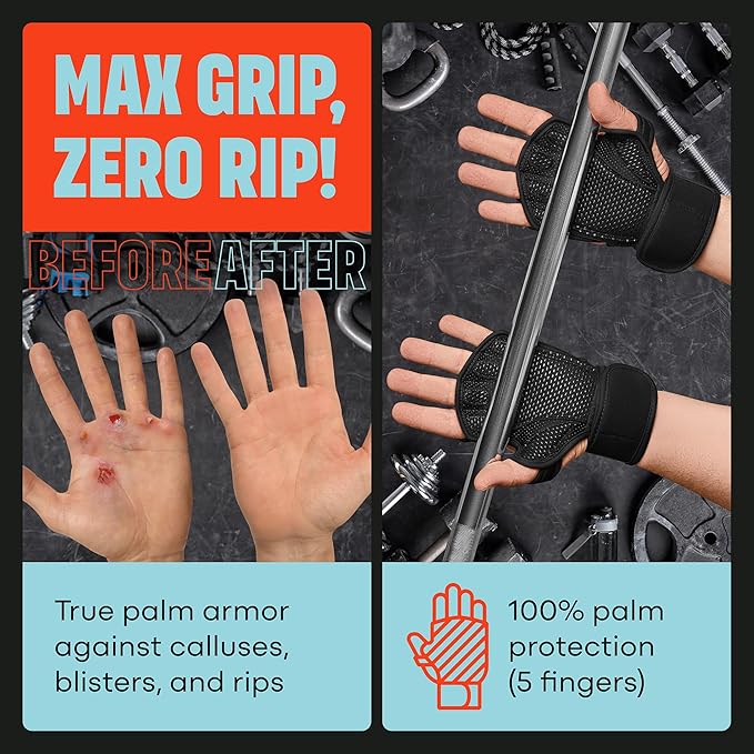 MAVA Open Gym Gloves for Men & Women; Padded Weight Lifting Gloves with Wrist Support for Comfort, Protection; Strong-Grip Fingerless Workout Gloves for Men & Women; Anti-Sweat Gym Accessories