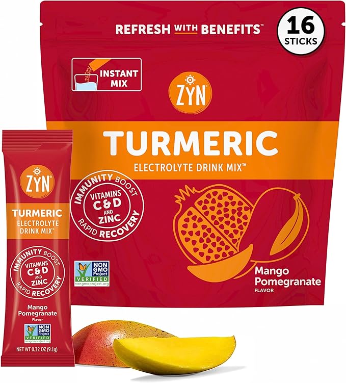 ZYN Electrolytes Powder Hydration Packets with Vitamins, Zinc & Turmeric - Low Sugar Electrolyte Drink Mix Packets with Piperine, Mango Pomegranate, 16 Pack