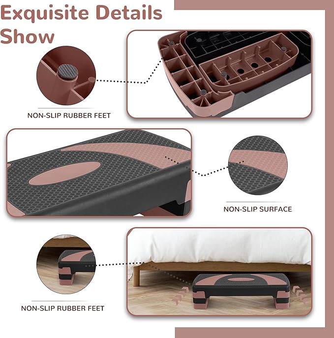 Step Aerobic Platform, 31" Exercise Step with 3 levels Adjustable Height, 4 Stackable Risers, Fitness Training Workout Stepper for Home Gym, Cardio Strength, Black & Pink