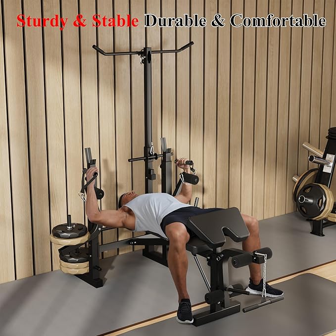 Weight Bench, Foldable Bench Press Set with Leg Extension, Adjustable Workout Bench with Rack & Preacher Curl Pad, Flat Incline Bench for Weight Lifting, Fitness Strength Training for Home Gym