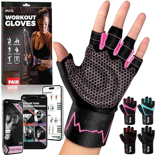 MhIL Workout Gloves for Women – Breathable Gym Gloves for Women with Palm Protection and Enhanced Grip – Padded Weight Lifting Glove for Womens with Wrist Wraps Support Weightlifting Exercise Cycling