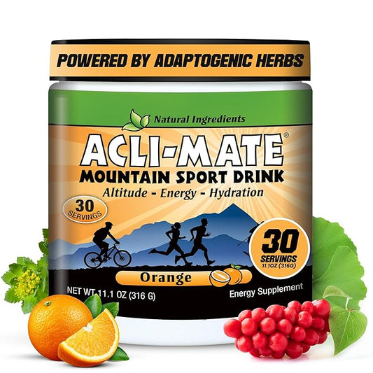 Acli-Mate Mountain Sport Drink Mix - High Altitude Acclimatization Electrolyte Powder - Energy Powder Mix - Recovery Hydration Drink for Running, Hiking, Cycling, Hunting, Skiing & More (1 Tub,Orange)