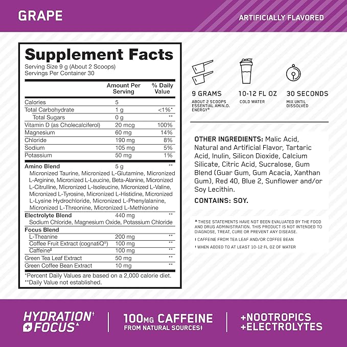 Optimum Nutrition Amino Energy Powder Plus Focus, with BCAA, Electrolytes, and Caffeine, Grape, 30 Servings (Packaging May Vary)