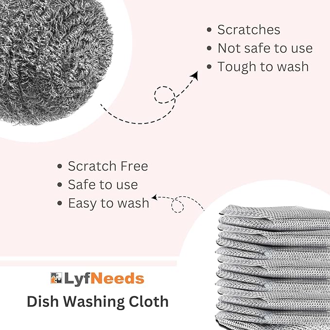 Non Scratch Wire Dishwashing Rag - Upgraded Double Layer 8 Pcs, Reusable Multipurpose Wire Dishcloth for Wet & Dry Cleaning, Ideal for Kitchen, Sinks, Pots & Pans