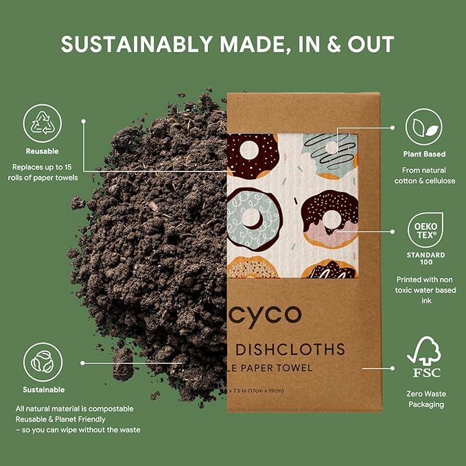 RECYCO Swedish Dishcloths for Kitchen | 6 Pack Sugar Rush Washable Dish Rags | Cellulose Reusable Cleaning Paper Towels | Absorbent Counter Dish Cloth Sponge Kitchen Wipes, 8" L x 7" W