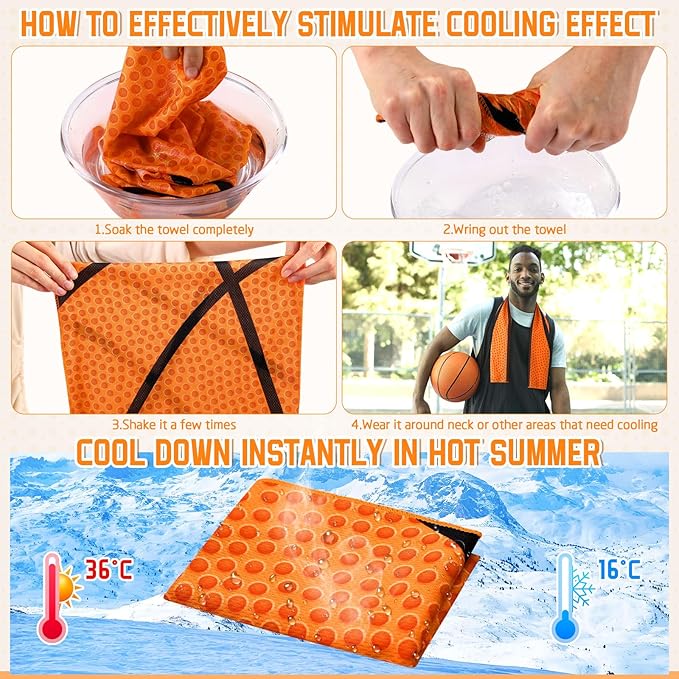 12 Pcs Basketball Water Bottle Basketball Cooling Towel Set with 50 Sticker Sports Party Favors Include 6 Reusable Sports Squeeze Water Bottle 6 Ice Towel Breathable Fast Drying for Team Gifts