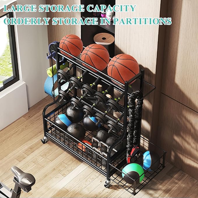Dumbbell Rack, Weight Rack for Kettlebells, Storage Holder for Yoga and Workout Equipment, Home Gym Storage Rack with Wheels,Hooks and Mesh Top