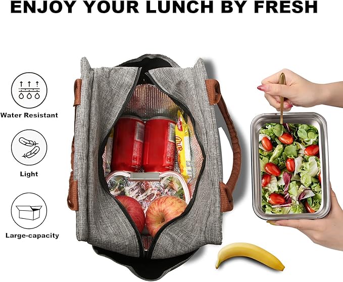 Joymee Lunch Bag Women Insulated Lunch Box Reusable Leakproof Large Spacious Tote for Women Men Adult with Bottle Holder and Side Pockets for Work Picnic Travel - Grey