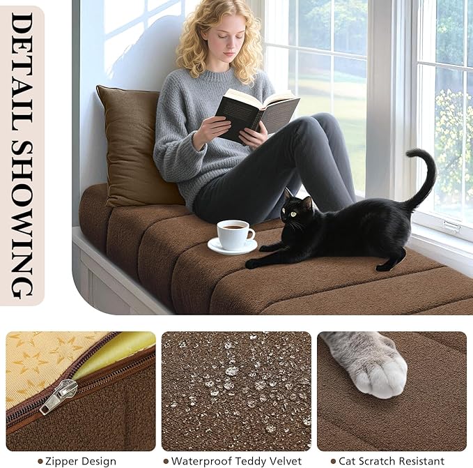 Wenqik Bench Cushion 42x16x4 Inch for Indoor Outdoor Furniture Tufted Thicken Bay Window Seat Cushion Non Slip Waterproof Dining Piano Bench Pad Pillow Anti Cat Scratch for Patio Porch Swing, Brown