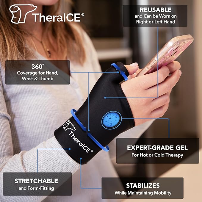TheraICE Wrist Ice Pack - Soft Gel Ice Pack Wrap Thumb Brace for Either Wrist for Hot & Cold Hand Therapy - Fits Most Women - S/M