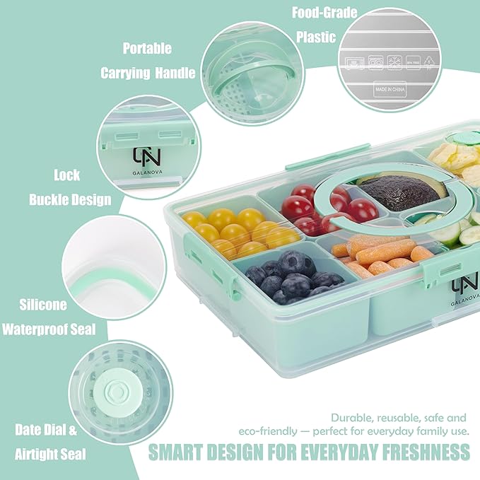 Snackle Box Container - 10 Compartments Including 2 XL, Dishwasher & Microwave Safe, Divided Serving Tray with Lid and Handle, BPA-Free, snack box (1 PCS, Green, 1 Box with 2 XL Compartments)
