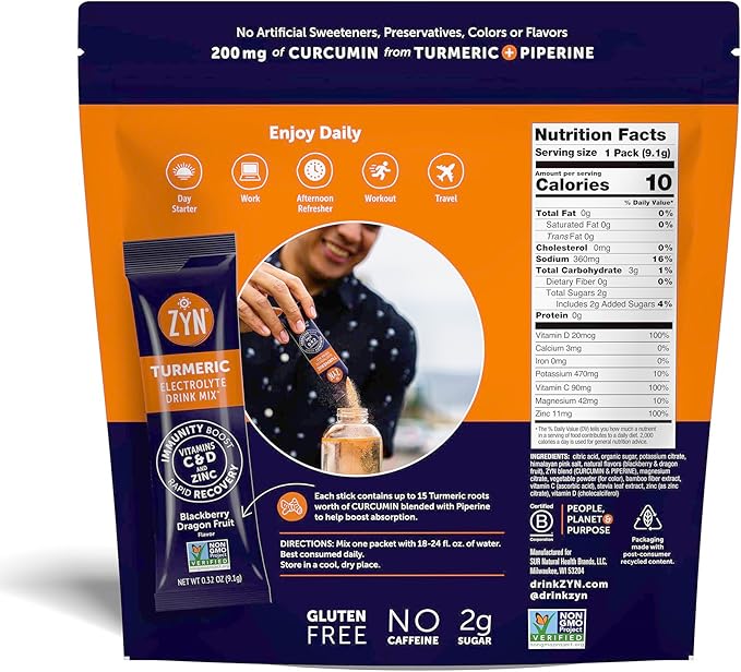 ZYN Electrolyte Drink Mix Hydration Packets, BlackBerry Dragonfruit Electrolytes Powder, Hydration Packets w/Turmeric Curcumin, Vitamin C & D, Zinc, Hydrate & Recover Electrolyte Powder, Pack of 16