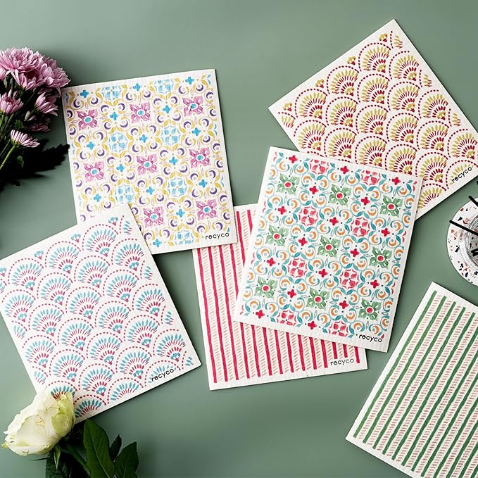RECYCO Swedish Dishcloths for Kitchen | 6 Pack Boho Mosaic Bliss Washable Dish Rags | Cellulose Reusable Cleaning Paper Towels | Absorbent Counter Dish Cloth Sponge Kitchen Wipes, 8" L x 7" W