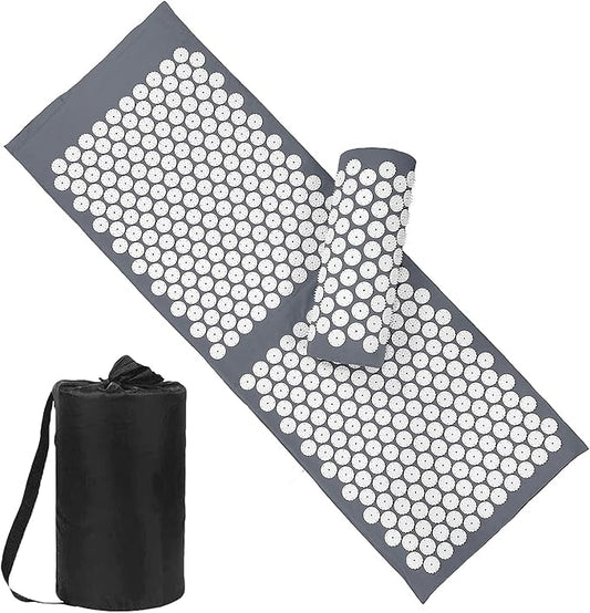 XiaoMaGe Acupressure Mat and Pillow Set with Bag - Extra Long Acupuncture Mat for Neck & Back Pain Relief- Naturally Relaxation Gift for Women - Stress Relief Massage Mat (Gray)