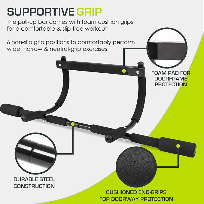 ProsourceFit Multi-Grip Lite Pull Up/Chin Up Bar, Heavy Duty Doorway Upper Body Workout Bar for Home Gyms 24”-32”