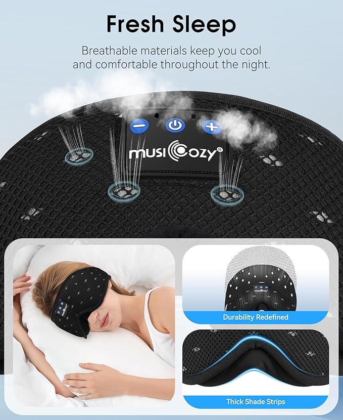 MUSICOZY Sleep Headphones Breathable Sleep Mask Bluetooth 5.4 Wireless Earphones Mask Sleeping Eyemask for Side Sleepers for Women Men Travel Meditation Gift (Mesh Black)