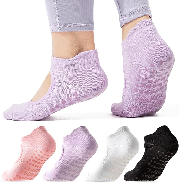 CoolMate Pilates Socks with Grips for Women, Yoga Socks, Crew Non Slip Women for Workout, Barre, Pilates Gifts