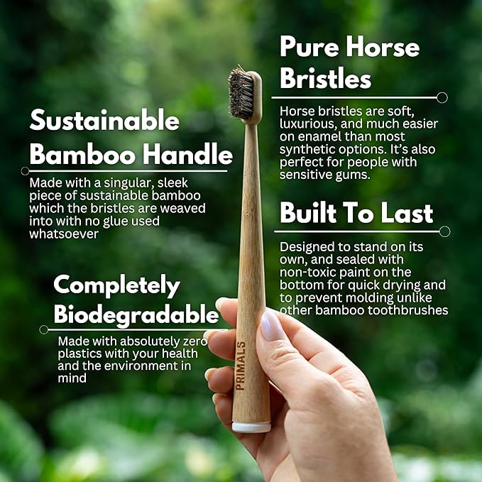 PRIMALS Horse Bristle & Bamboo Toothbrush (4-Pack) - Luxurious & Soft Horse Bristles - Fully Biodegradable - Plastic & Nylon Free - Quick Dry Design