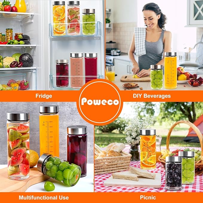 Glass Juice Bottles 6 Pack 16 oz - Wide Mouth Glass Water Bottles with Lids - for Juicing, Protein, Smoothie, Milk, Reusable, BPA Free, Stainless Steel Lids, Blender, Shaker Bottle (16oz/500ml)