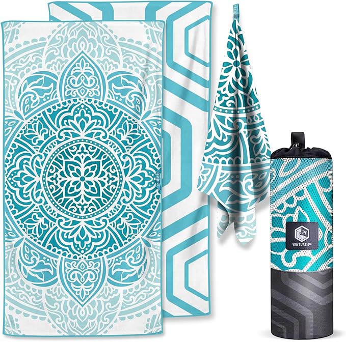 VENTURE 4TH Microfiber Beach Towel: Quick-Dry, Compact, Sand-Free, Absorbent, Sandproof and Lightweight - Perfect for Camping, Beach, and Roadtrips (Ocean Mandala Design | 35x78 inches)