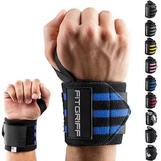 Fitgriff® Wrist Wraps for Weightlifting (18") Heavy-Duty Support for Gym, Bench Press, and Pushups (1 Pair) - for Men and Women (Black/Blue)