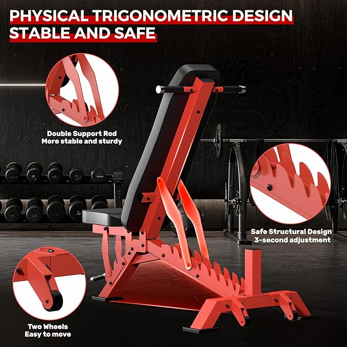 Weight Bench, Adjustable Workout Bench for Home Gym Full Body Workout, 1300LBS Weight Capacity Bench Press, Flat/Incline/Decline Bench with 33" Extra-Long Backrest & Wheels