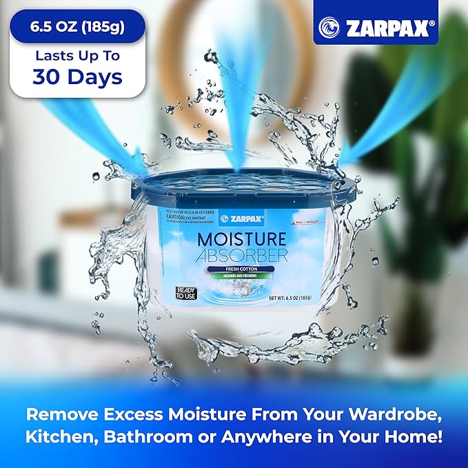 Moisture Absorber Fresh Cotton 6.5 oz/185g | Removes Moisture, Damp & Humidity | Odor Absorber With Fresh Cotton Fragrance | Moisture Trap for Bathroom, Closet, Kitchen | Set of 6