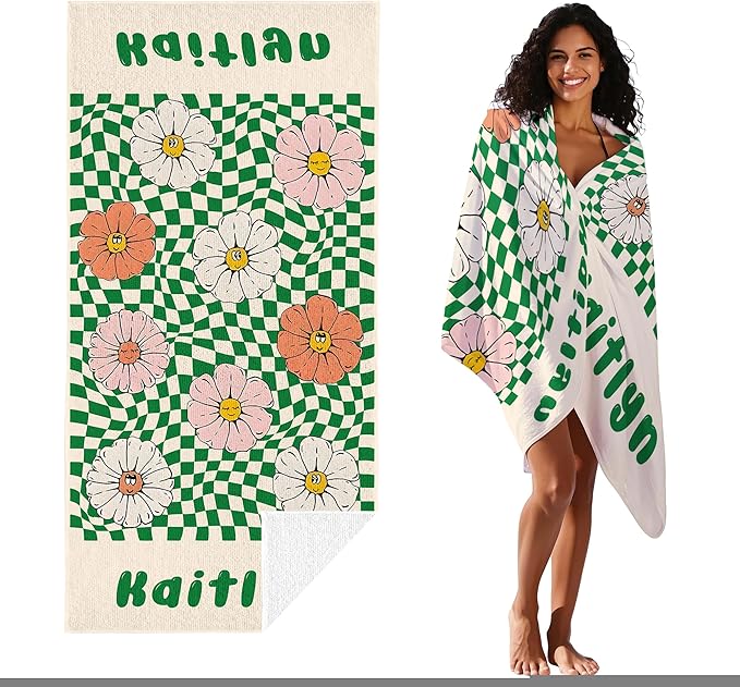 JML Personalized Beach Towel with Name, Custom Flower Beach Towel, Customized Microfiber Pool Towel, Quick Dry & Absorbent Swim Towel for Adult,Mother's Day, Birthday, Summer Holiday,Vacation