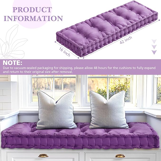 Bench Cushions for Indoor Furniture 42x16 in Velvet Kitchen Dining Piano Window Seat Cushion, Tufted Patio Porch Swing Thicken Bench Pad Memory Foam(Light Purple)