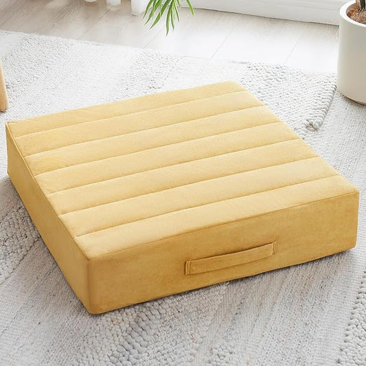 22 inches Floor Pillow for Adults - Large Meditation Cushion with Thick Foam & Soft Tufted Cover - Premium Outdoor Square Floor Cushion Seat - Yoga Pillows for Sitting On Floor - Yellow