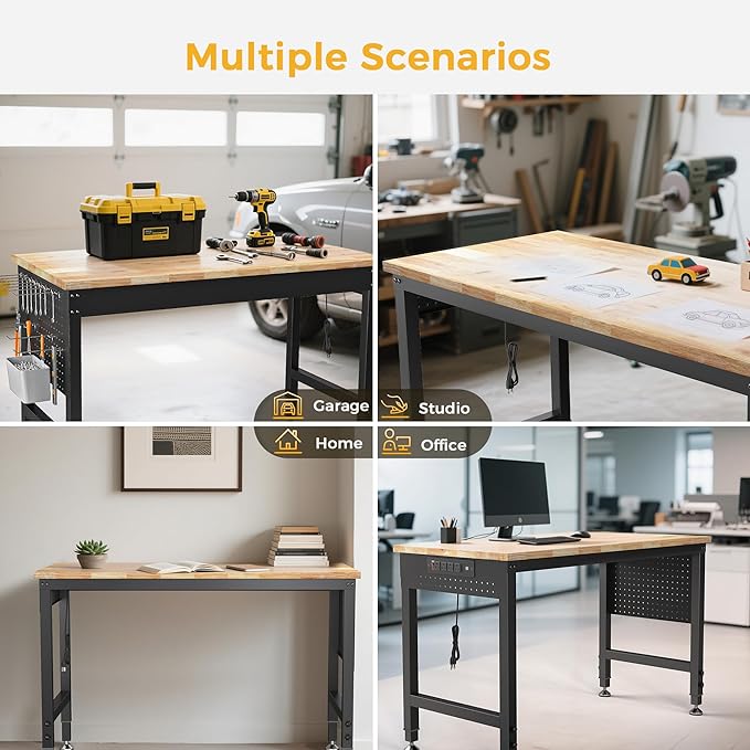 48" Adjustable Heavy Duty Workbench, 2000 LBS Load Capacity Rubber Wood Work Table with Pegboard, Power Outlets, Work Bench for Garage, Workshop, Office, Home, Commercial