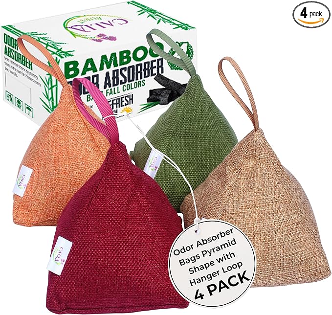 4 Pack Bamboo Charcoal Air Purifier Bags 200 Grams Each - Odor Absorber & Eliminator for Home, Car, Pets, Activated Charcoal Natural Freshener, Eco-Friendly & Reusable (Fall Colors)