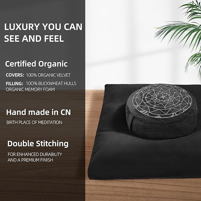 Zafu & Zabuton Meditation Cushion Set - Buckwheat Hull & Memory Foam Pillows, Ergonomic Support for Yoga, Mindfulness - Organic Velvet Cover, Large Size, Durable Comfort (Black)